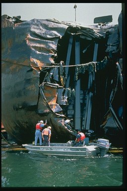 Picture of a single hulled tanker which was ripped open.