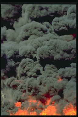 Picture of an oil spill lit on fire to remove the pollution.