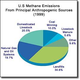 Pie graph showing the United States methane emissions in 1999 (the largest being 34.6% from lanfills).