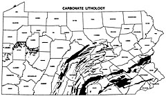 Carbonate Lithology map of PA. Focused mostly in the Southeast.