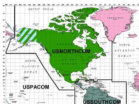 Map showing the area of responsibility of USNORTHCOM.